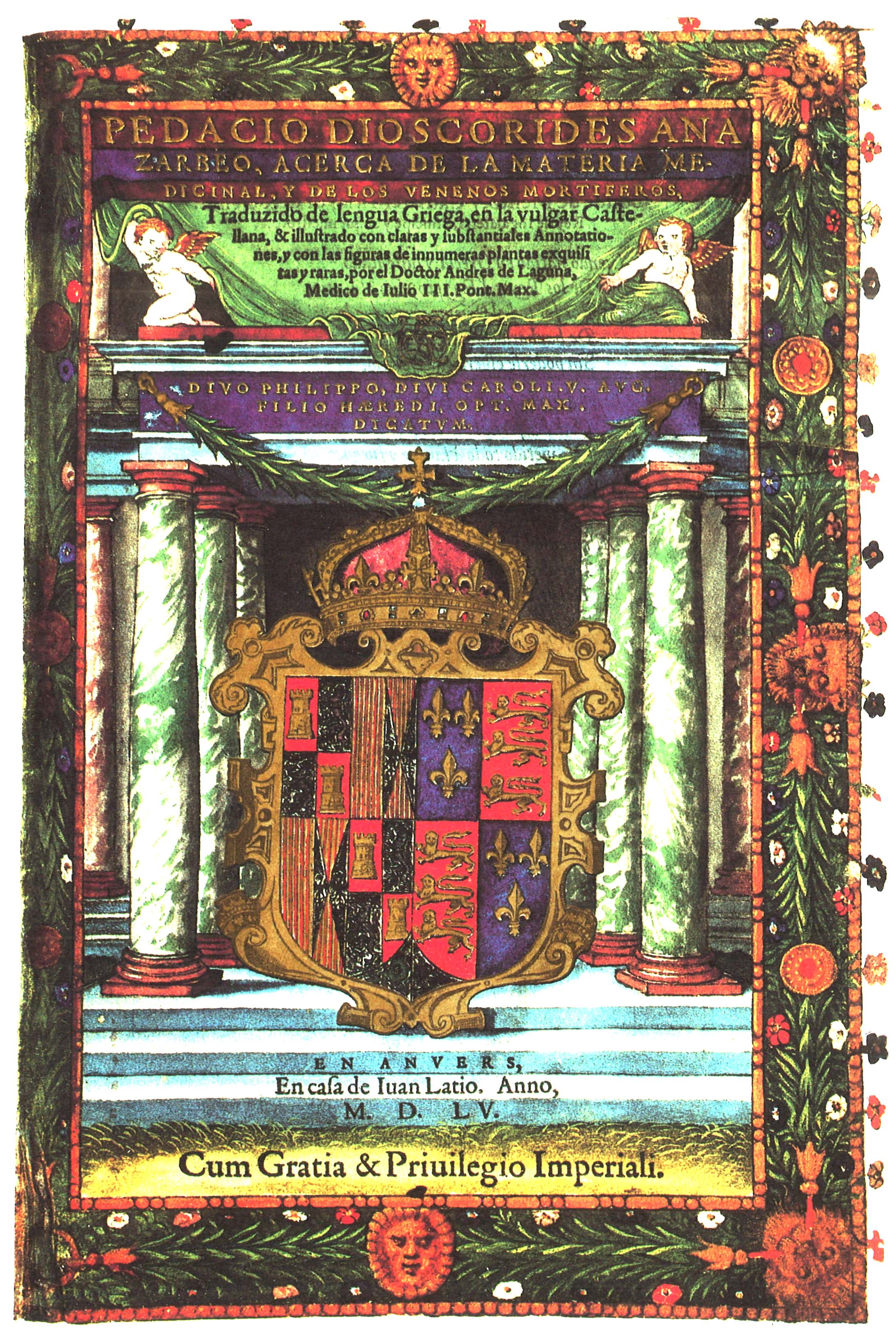 Portada de Dioscórides de Andrés Laguna, Amberes, 1555
