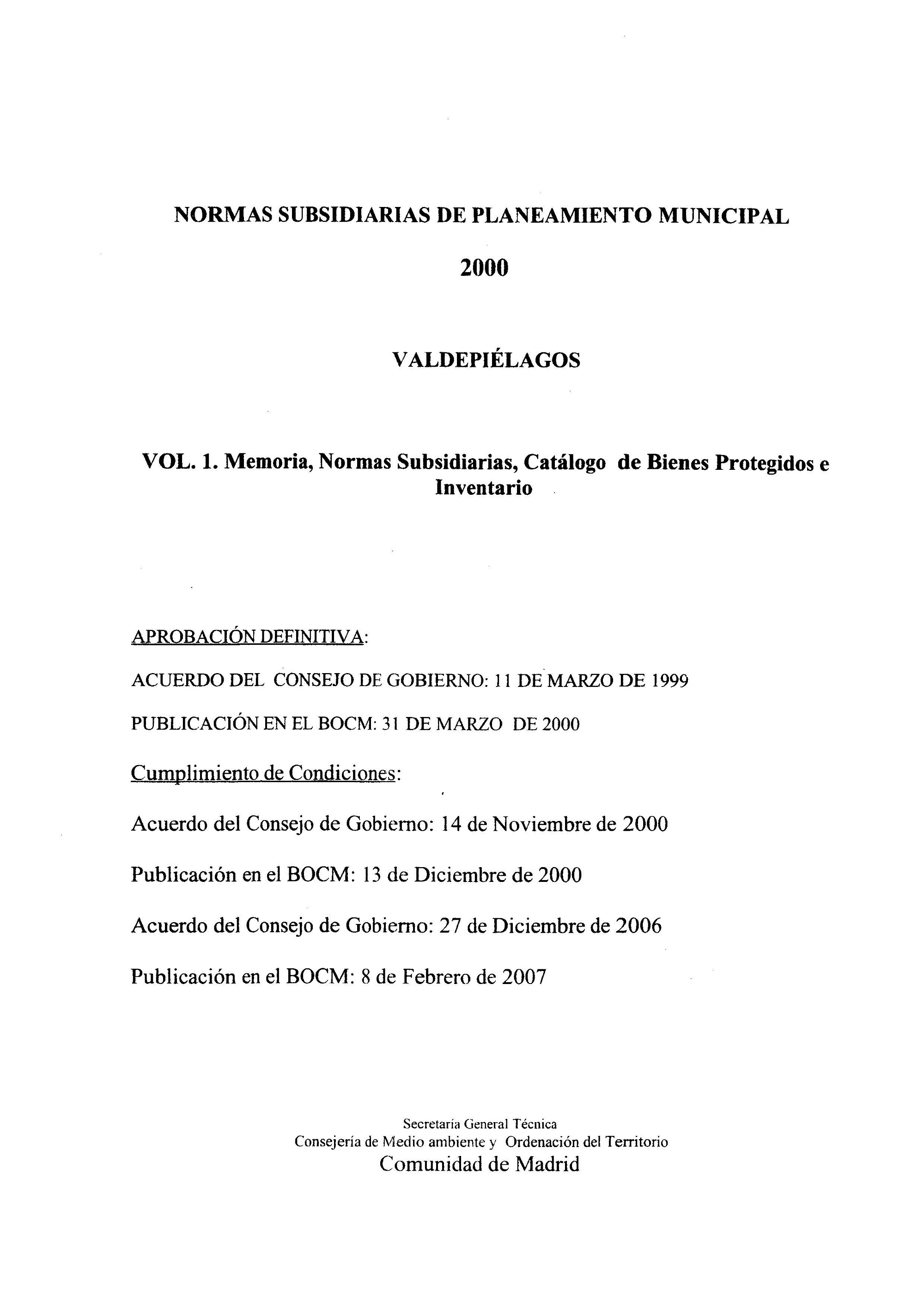 Portada de Normas Subsidiarias de Planeamiento Municipal Valdepiélagos (CD-ROM) 2000
