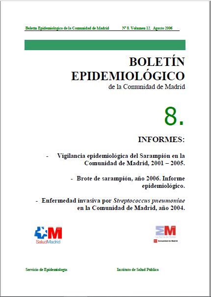 Portada de Boletín epidemiológico. Número 8, Volumen 12. Agosto 2006 