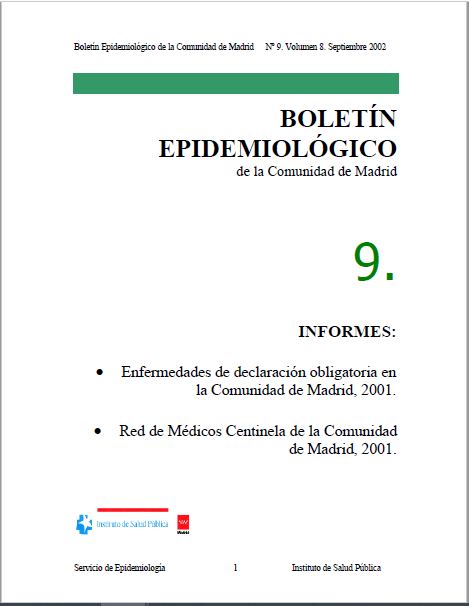 Portada de Boletín epidemiológico. Número 9. Volumen 8. Septiembre 2002