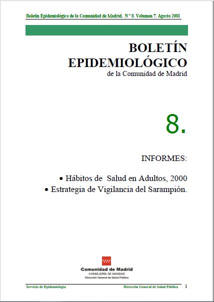 Portada de Boletín epidemiológico. Número 8. Volumen 7. Agosto 2001