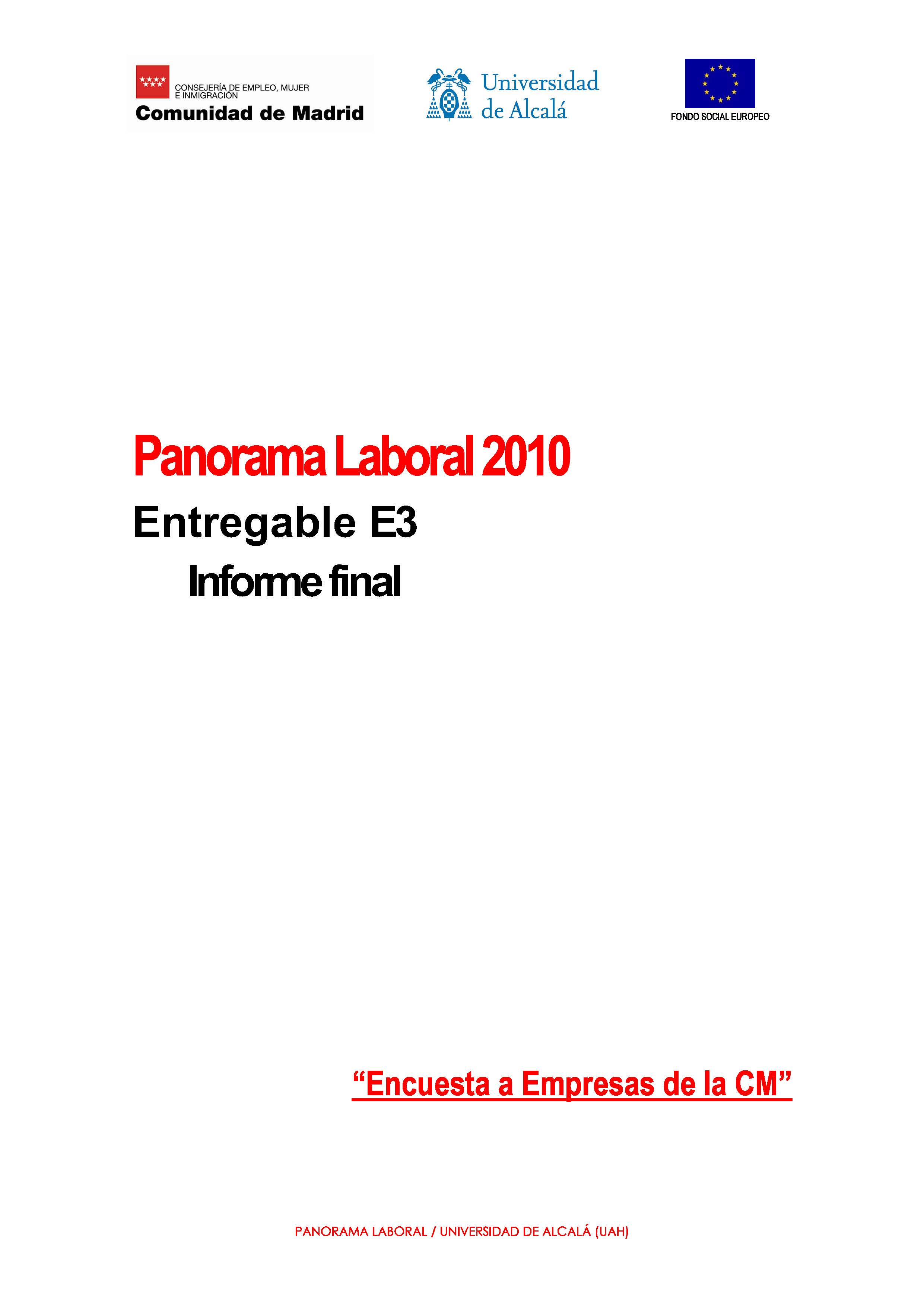 Portada de Panorama Laboral 2010. Encuesta a Empresas de la Comunidad de Madrid.