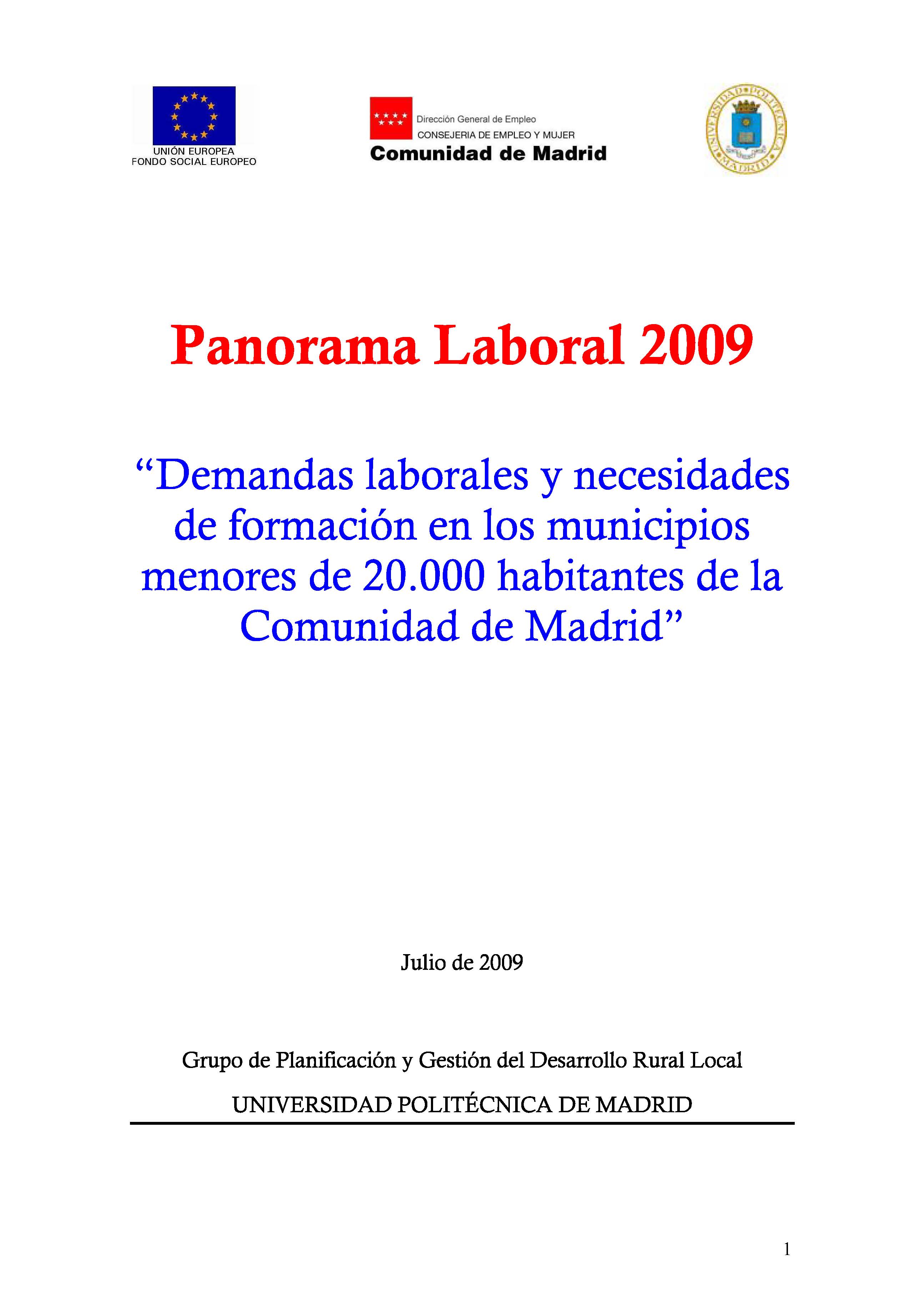 Portada de Panorama Laboral 2009. Demandas laborales y necesidades de formación en los municipios de la Comunidad de Madrid menores de 20.000 habitantes