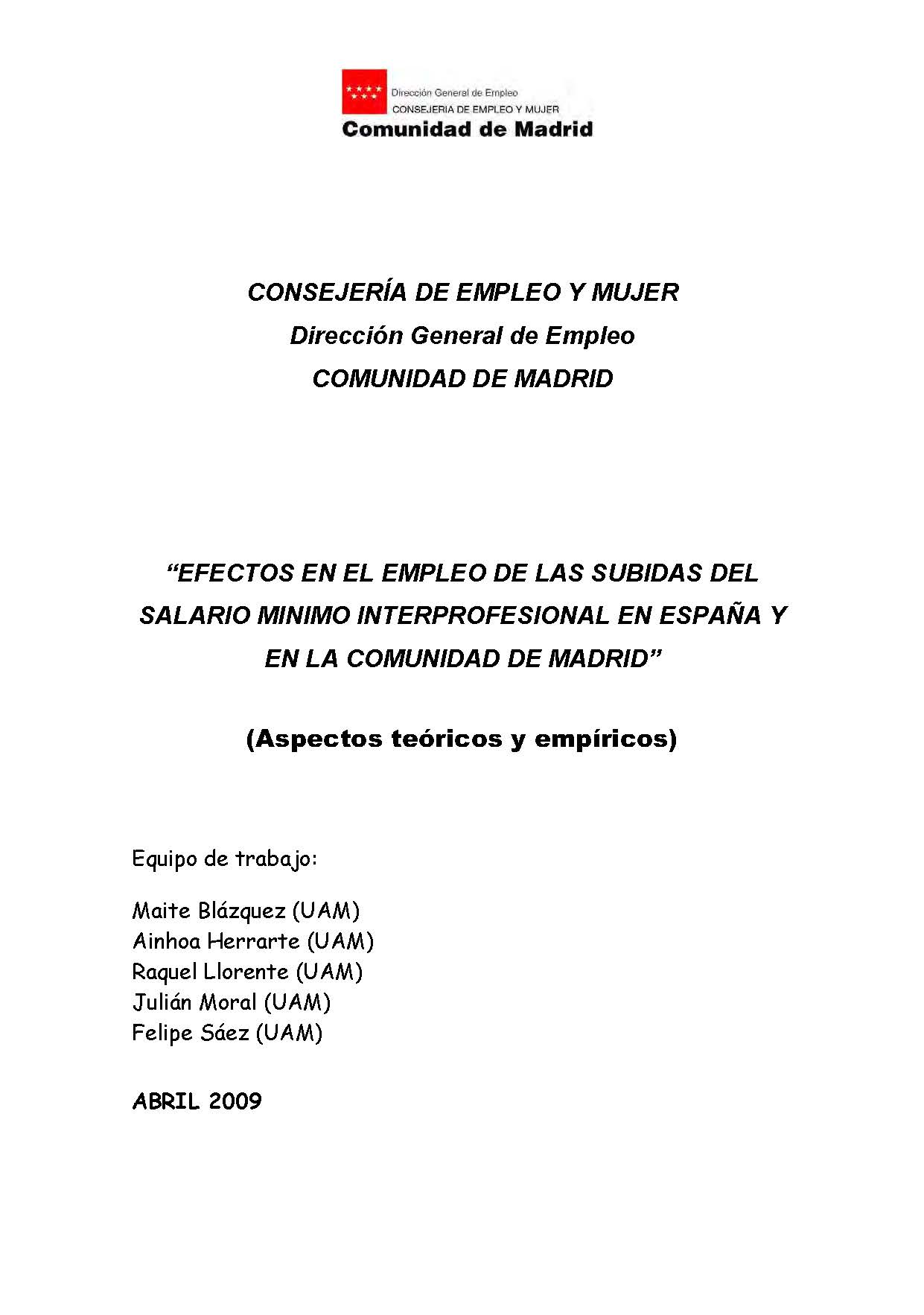 Portada de Efectos en el empleo de las subidas del salario mínimo interprofesional en España y en la Comunidad de Madrid