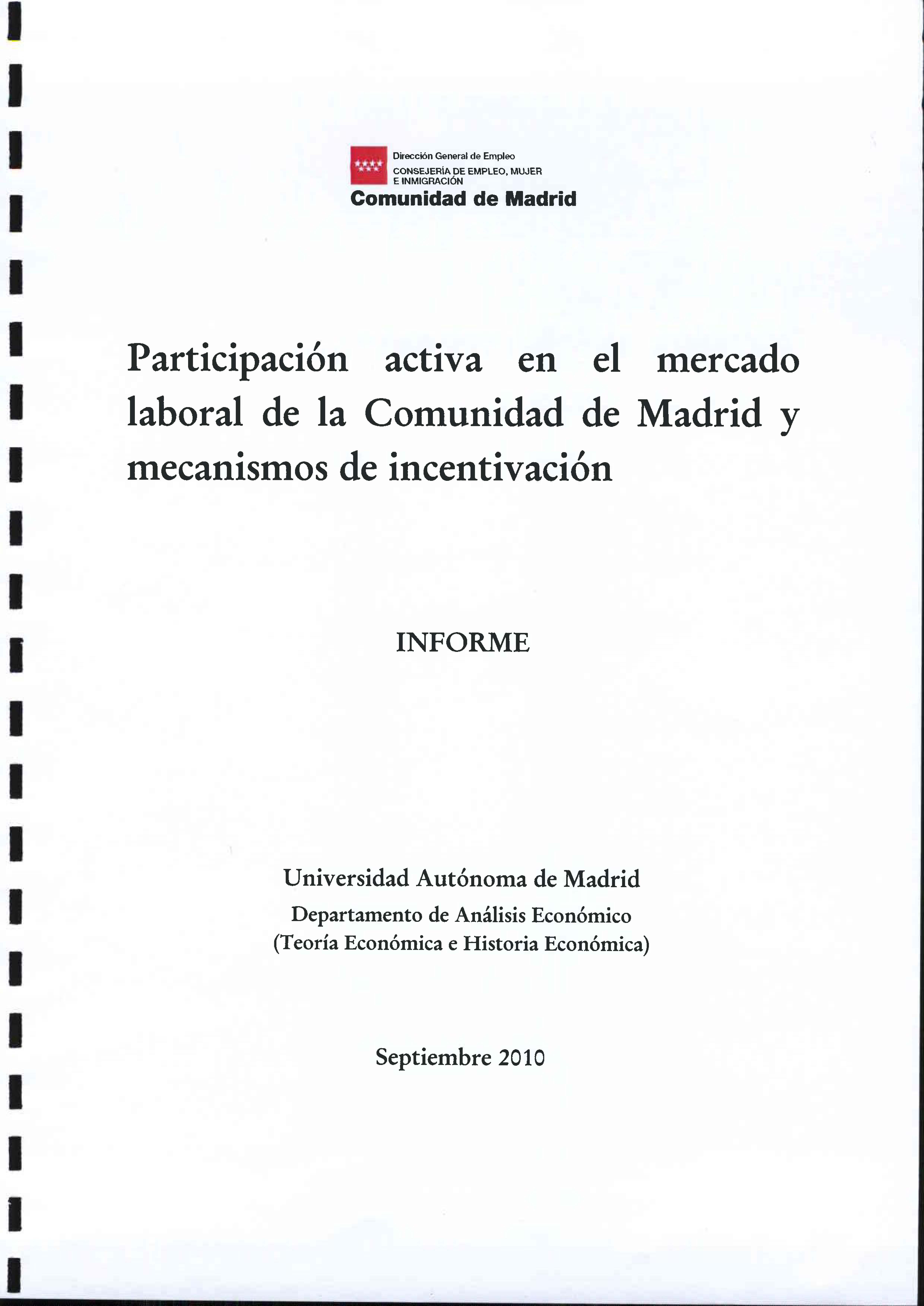 Portada de Participación activa en el mercado laboral de la Comunidad de Madrid y mecanismos de incentivación