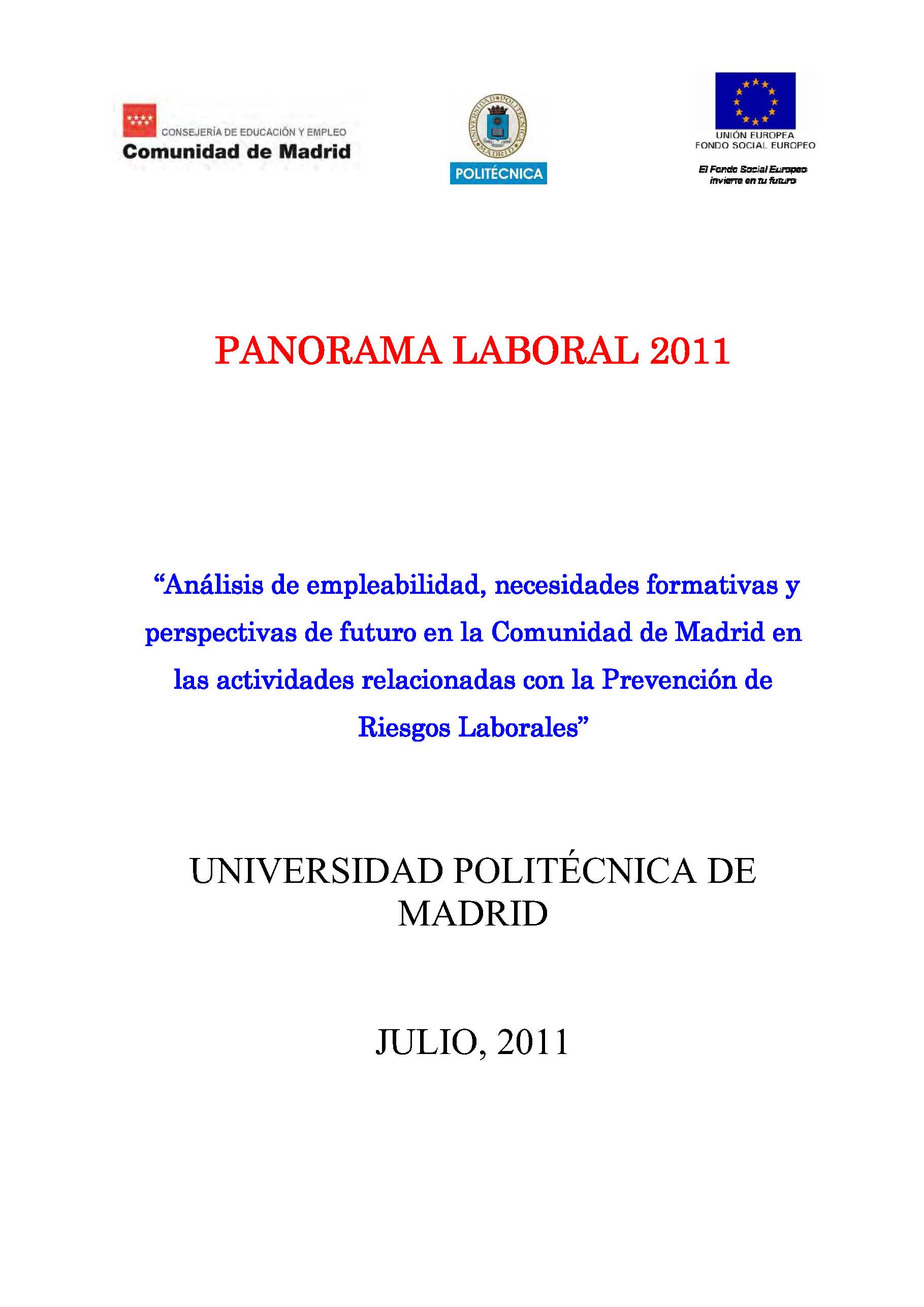 Portada de Panorama Laboral 2011. Análisis de empleabilidad y perspectivas de futuro en la Comunidad de Madrid de las actividades relacionadas con la prevención de riesgos laborales