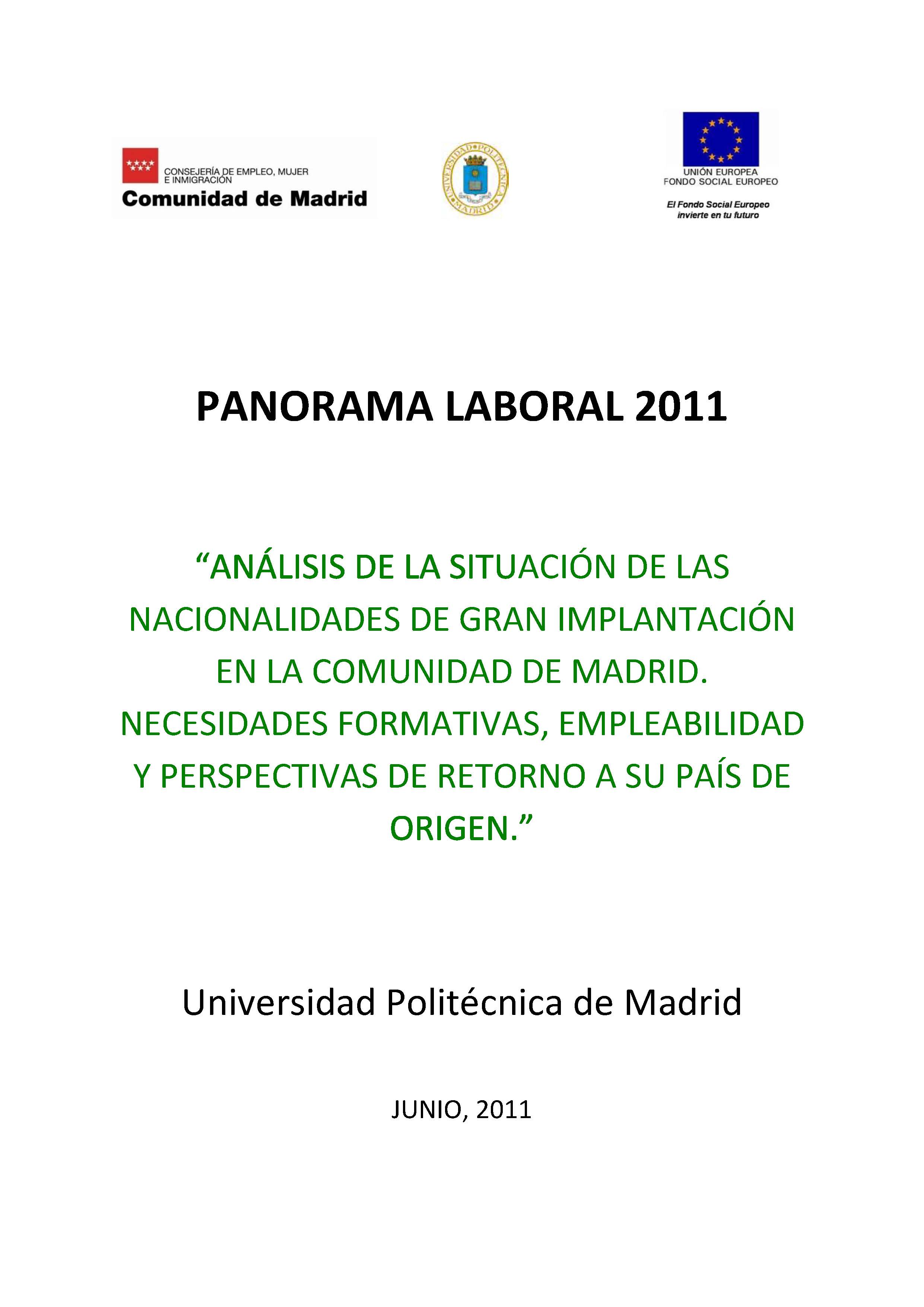 Portada de Panorama Laboral 2011. Análisis de la situación de las nacionalidades de gran implantación en la Comunidad de Madrid