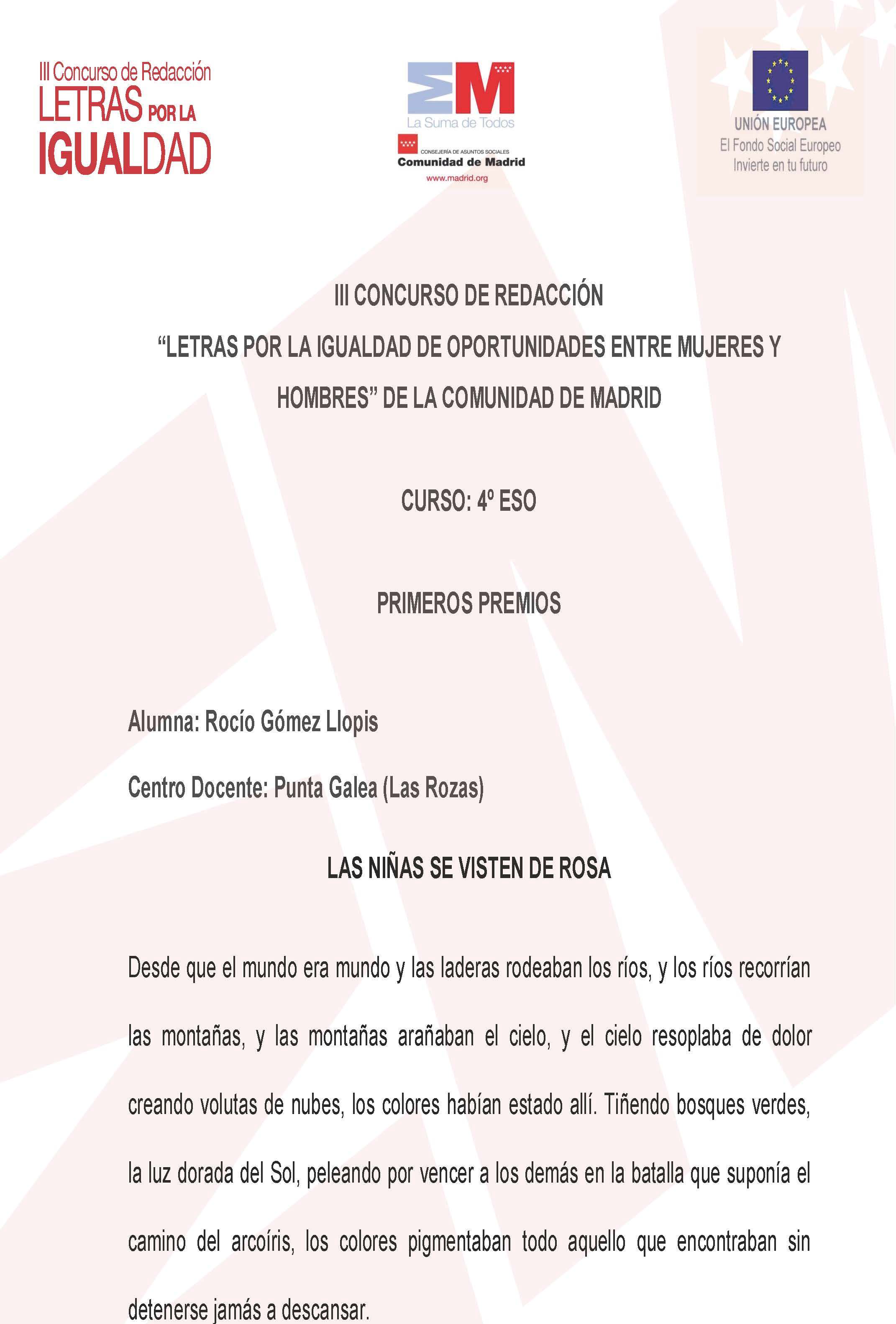 Portada de III Concurso de Redacción "Letras por La Igualdad de Oportunidades entre Mujeres y Hombres" de la Comunidad de Madrid. Curso 4º ESO