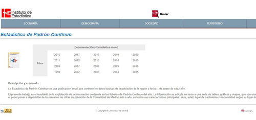 Portada de Estadística de padrón continuo de la Comunidad de Madrid (Publicación periódica)