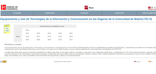 Portada de Equipamiento y Uso de Tecnologías de la Información y Comunicación en los Hogares de la Comunidad de Madrid (TIC-H) (Publicación periódica)