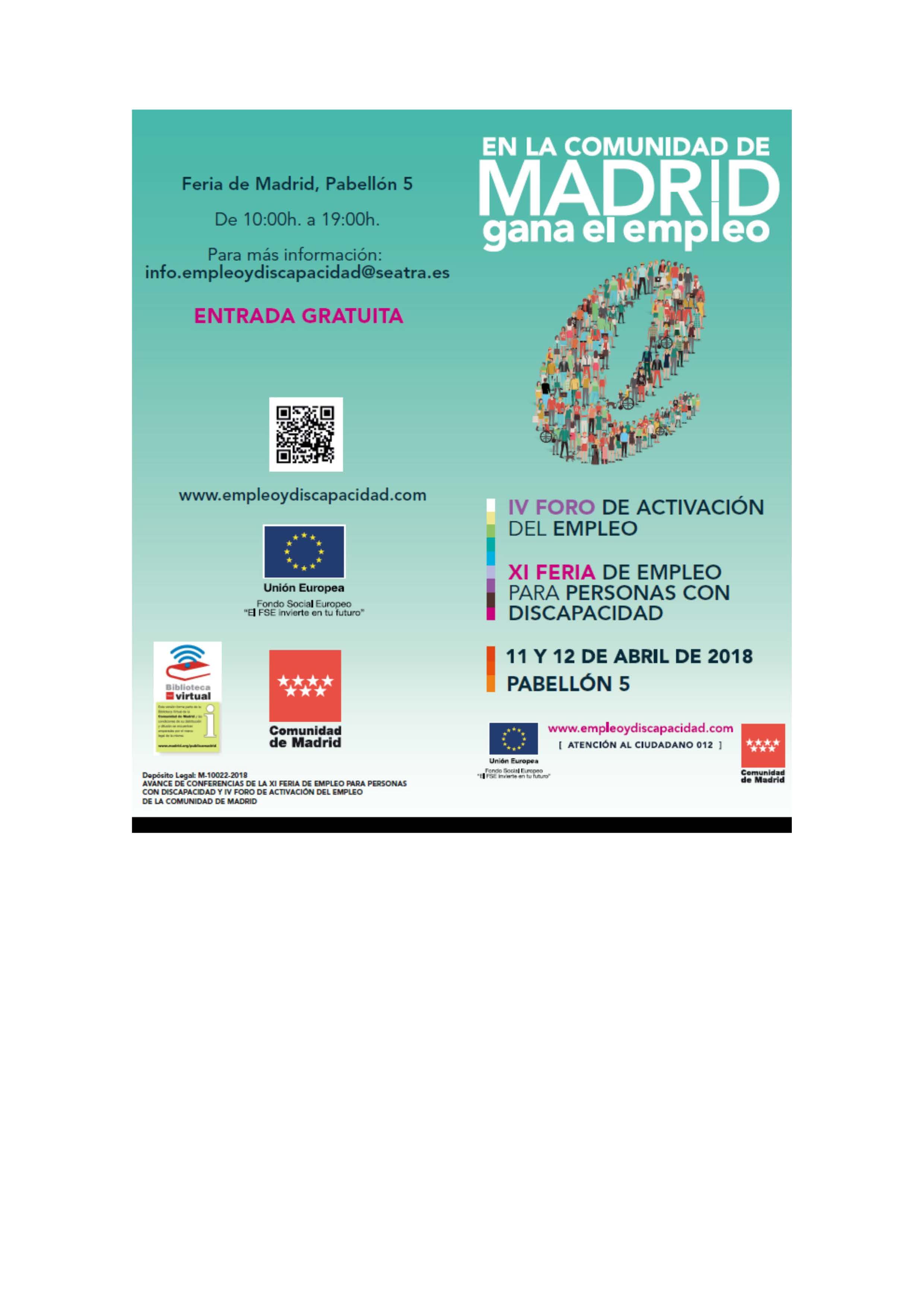 Portada de Avance de conferencias de la XI Feria de Empleo para Personas con Discapacidad y IV Foro de Activación del Empleo de la Comunidad de Madrid