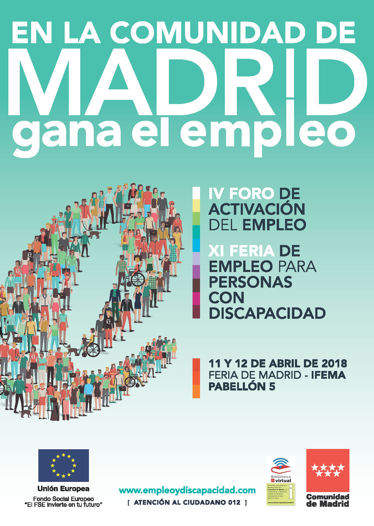 Portada de Cartel promocional de la XI Feria de Empleo para Personas con Discapacidad y IV Foro de Activación del Emleo de la Comunidad de Madrid.