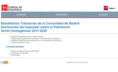 Portada de Estadísticas Tributarias de la Comunidad de Madrid. Declarantes del impuesto sobre el Patrimonio. Series homogéneas 2011-