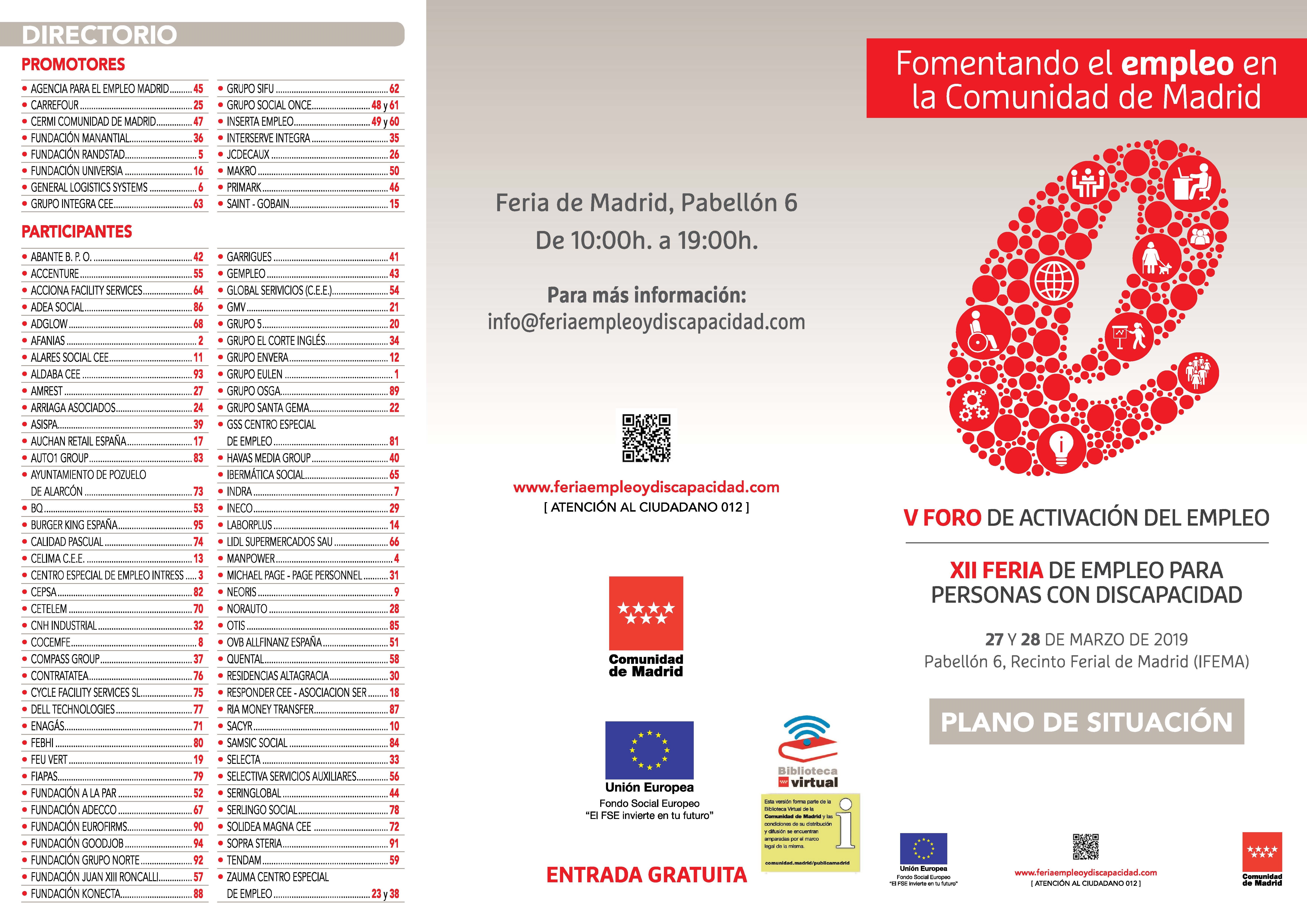 Portada de Folleto de situación de empresas y entidades de la XII Feria de Empleo para Personas con Discapacidad y V Foro de Activación del Empleo de la Comunidad de Madrid