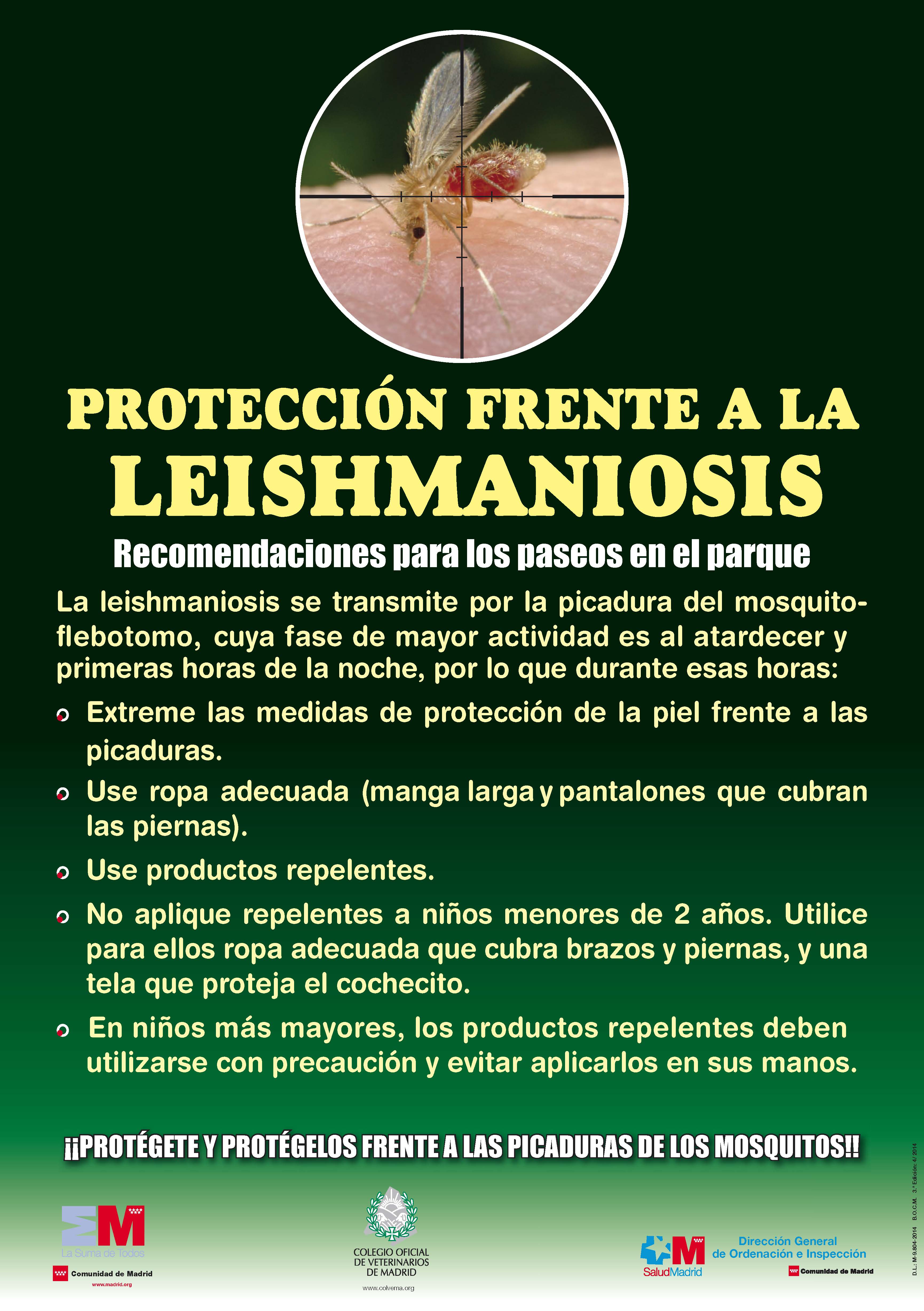 Portada de Protección frente a la Leishmaniosis. Recomendaciones para los paseos en el parque (Cartel) (3ª edición)
