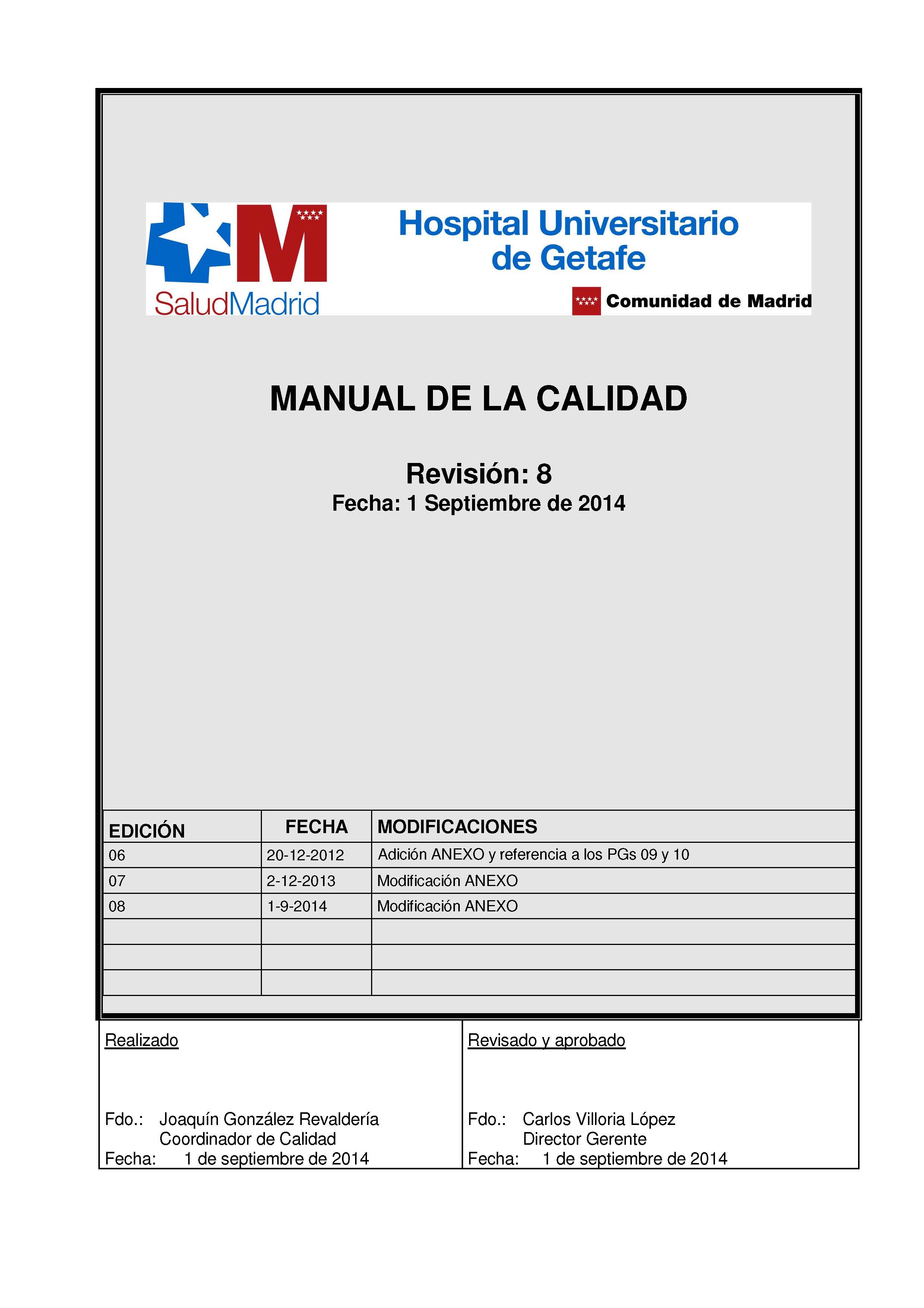 Portada de Manual de Calidad del Hospital Universitario de Getafe