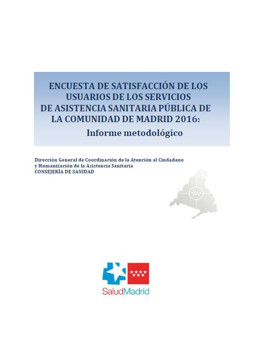 Portada de Evaluación de satisfacción de los usuarios de los servicios de asistencia sanitaria pública de la Comunidad de Madrid 2016 Informe metodológico