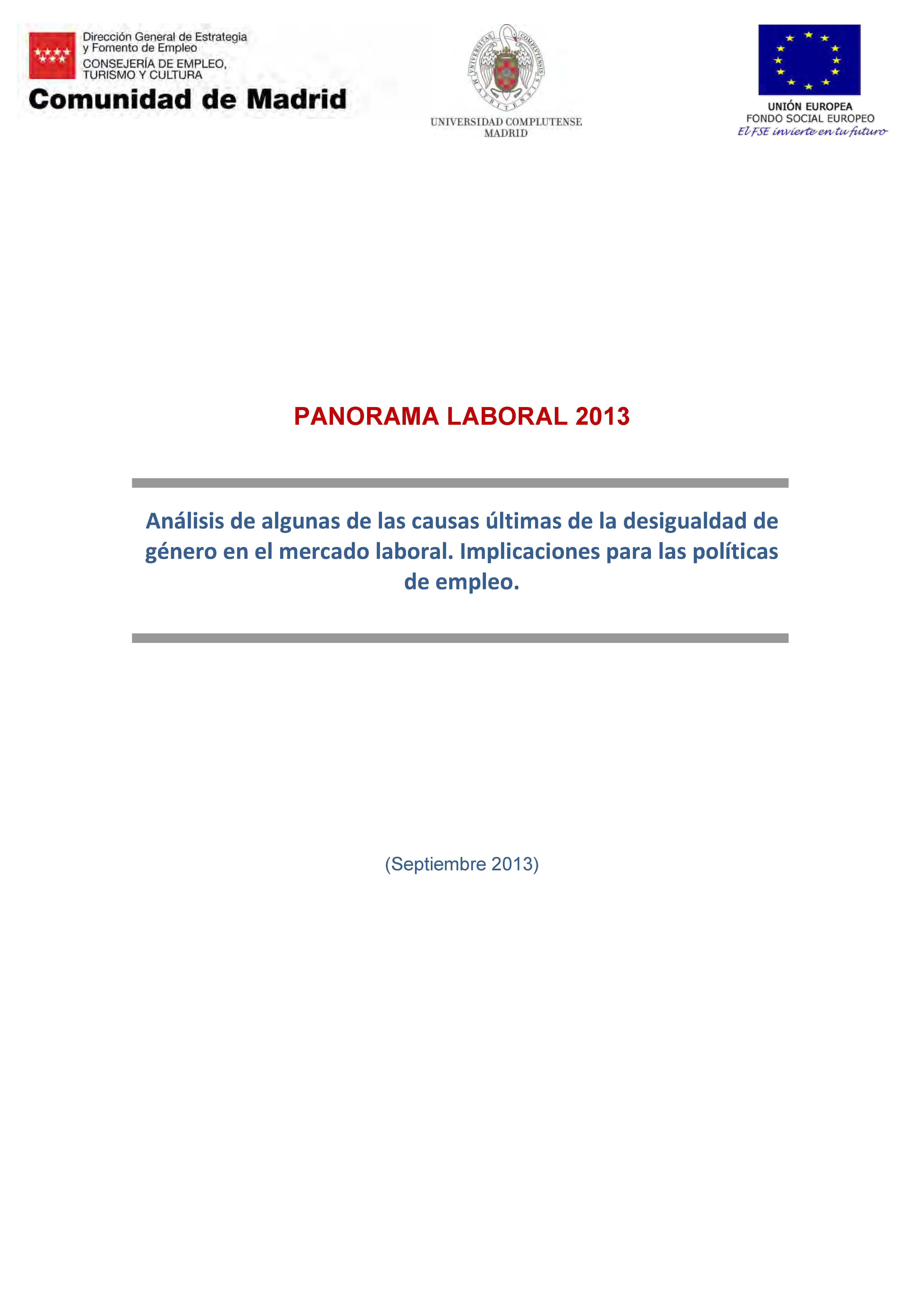 Portada de Panorama Laboral 2013 Análisis de algunas de las causas últimas de la desigualdad de género  en el mercado laboral. Implicaciones para las políticas de empleo.