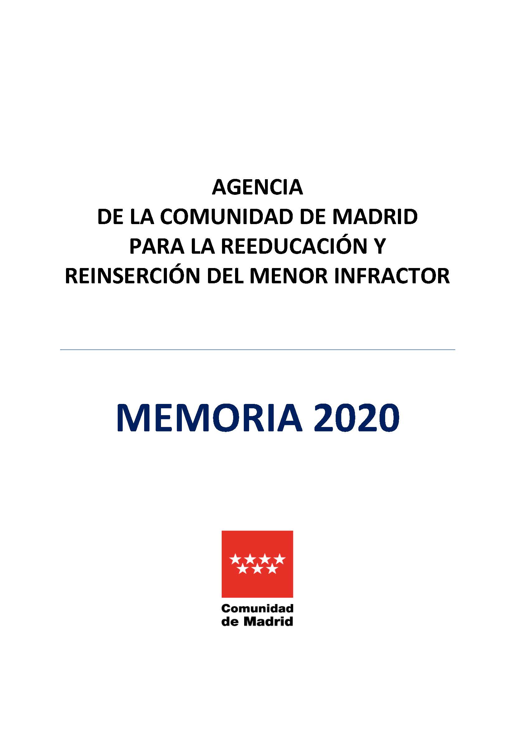 Portada de Memoria 2020. Agencia de la Comunidad de Madrid para la Reeducación y Reinserción del Menor Infractor