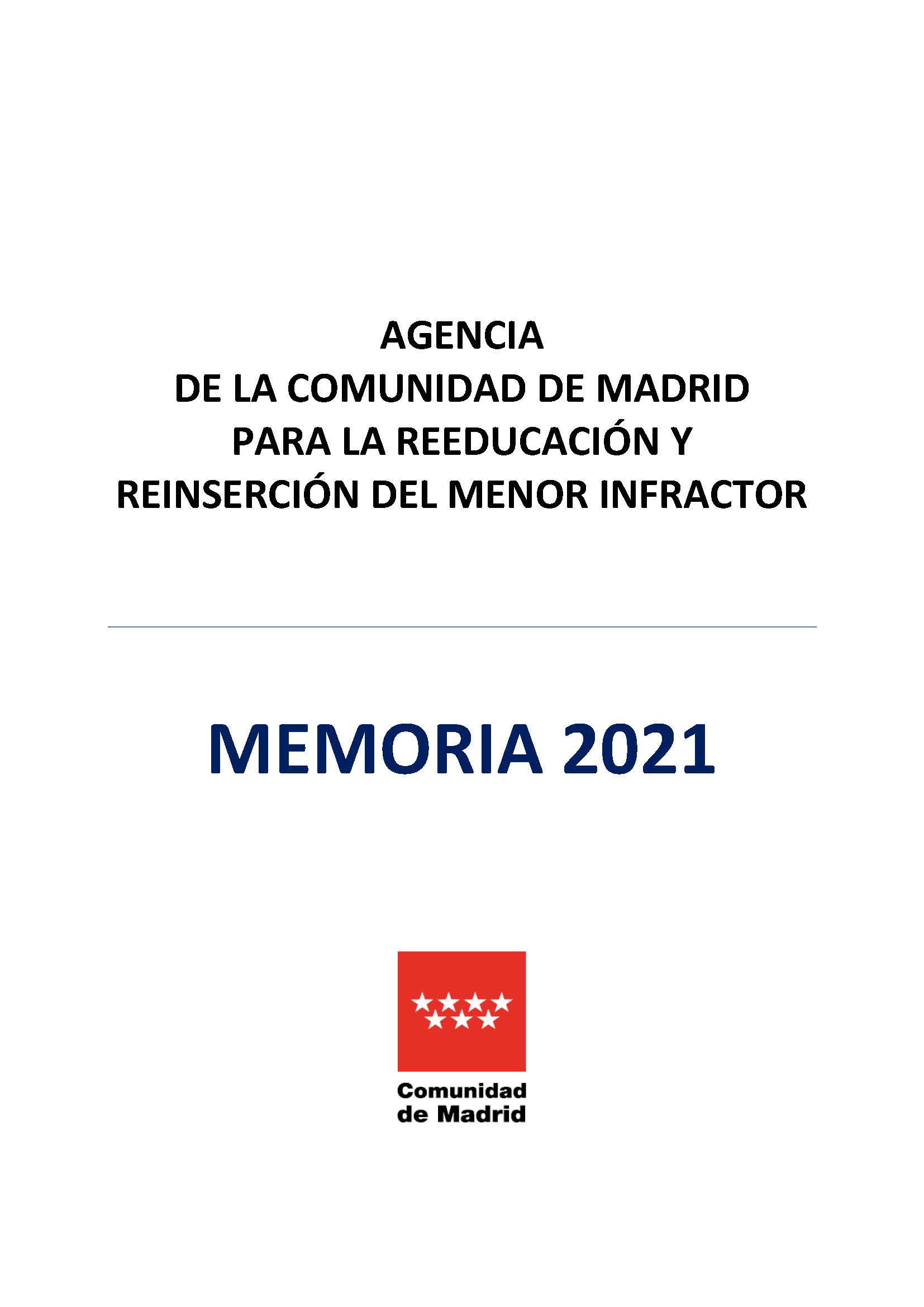 Portada de Memoria 2021. Agencia de la Comunidad de Madrid para la Reeducación y Reinserción del Menor Infractor