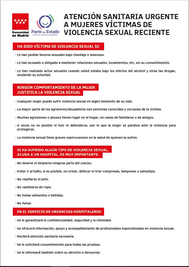 Portada de Hoja informativa atención sanitaria urgente a mujeres víctimas de violencia sexual reciente. Español