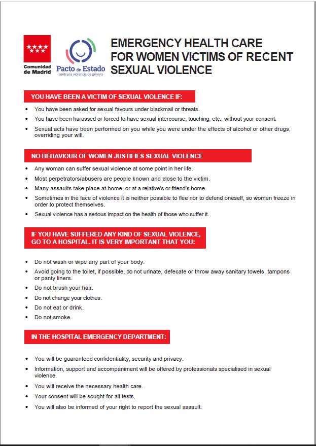Portada de Hoja informativa atención sanitaria urgente a mujeres víctimas de violencia sexual reciente. 5 idiomas
