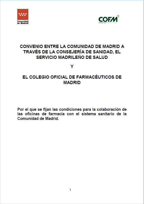 Portada de Convenio entre la Comunidad de Madrid y el Colegio Oficial de Farmacéuticos de Madrid. 2023