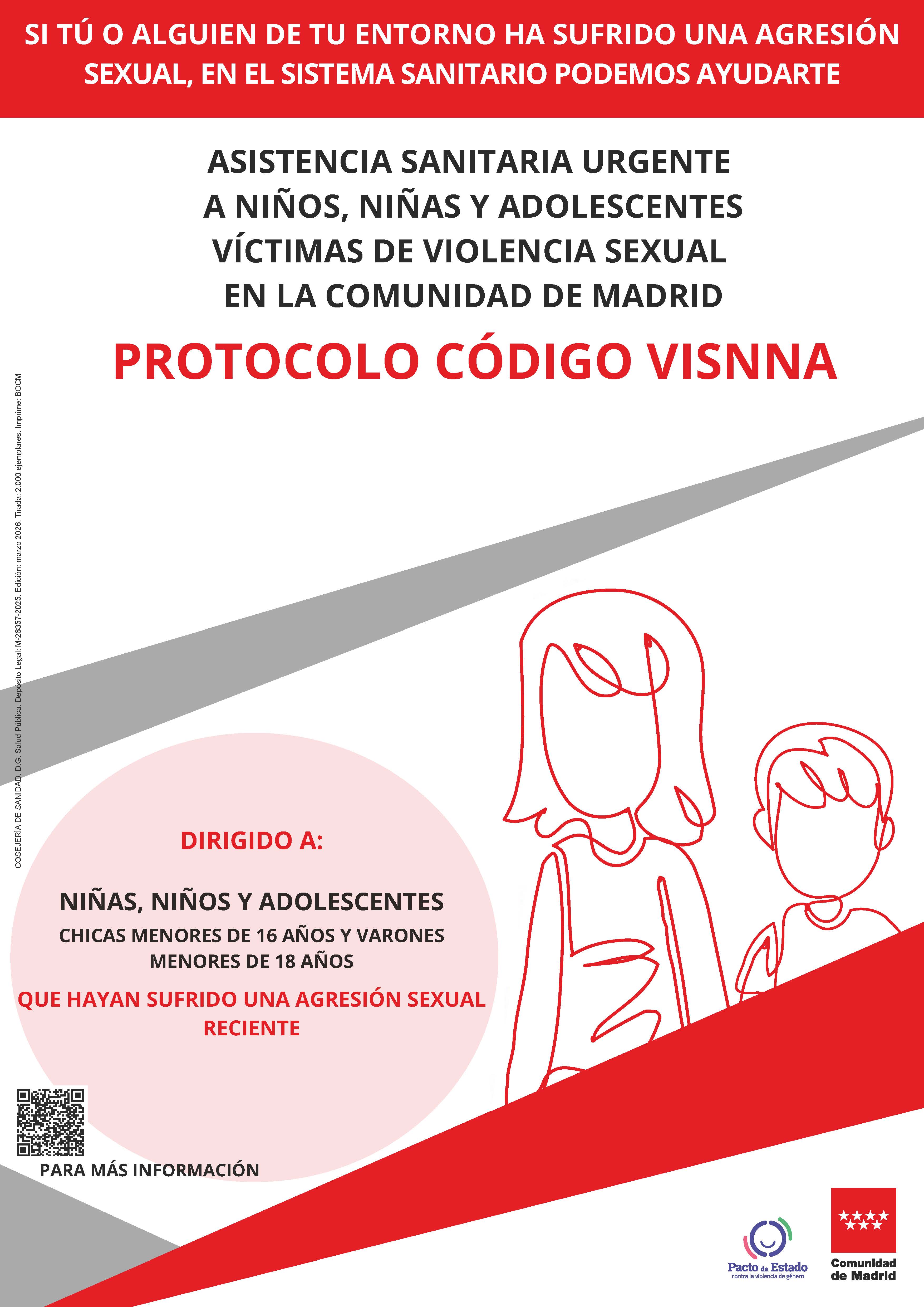 Portada de la publicación Asistencia sanitaria urgente a niños, niñas y adolescentes víctimas de violencia sexual en la Comunidad de Madrid. Protocolo Código VISNNA (Cartel)