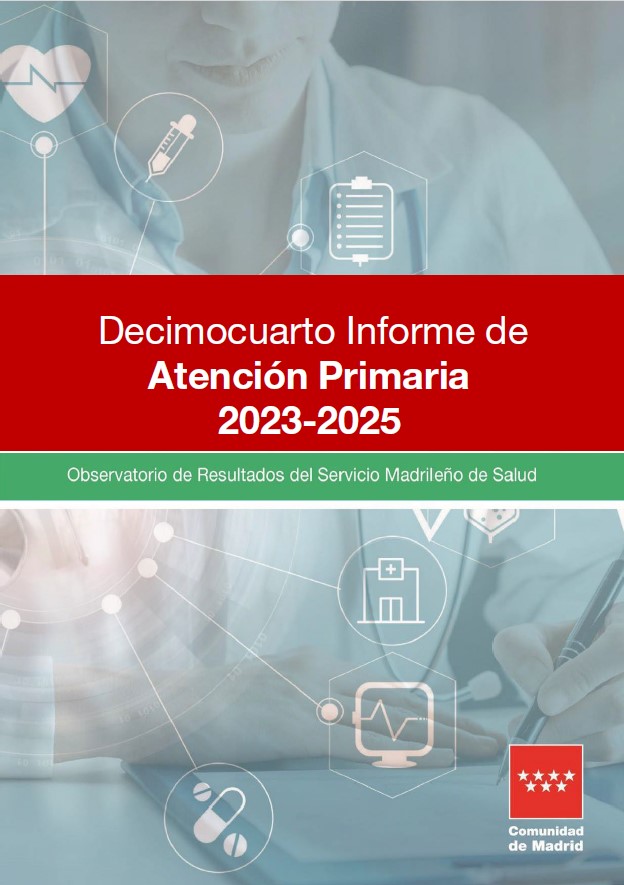 Portada de la publicación Decimocuarto Informe de Atención Primaria 2023-2025. Observatorio de Resultados del Servicio Madrileño de Salud